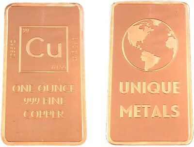 10 Pack - 1 Troy Ounce Copper Bar Bullion with Cu Element Design