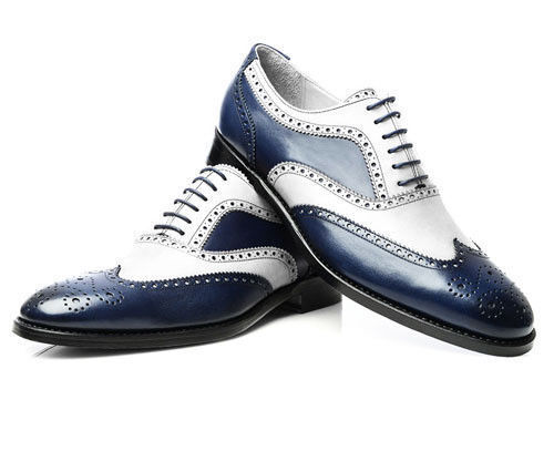 Mens Handmade Shoes Brogue Navy & White Calf Leather Wingtip Dress Formal Boots - Picture 1 of 4