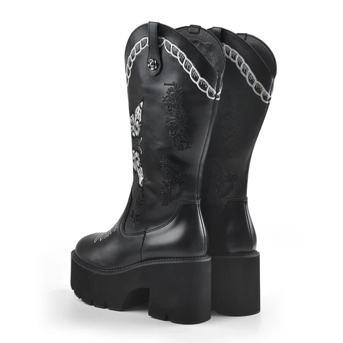 Botas vaqueras occidentales bordadas para mujer botas de tacón ancho plataforma media pantorrilla - Imagen 4 de 15