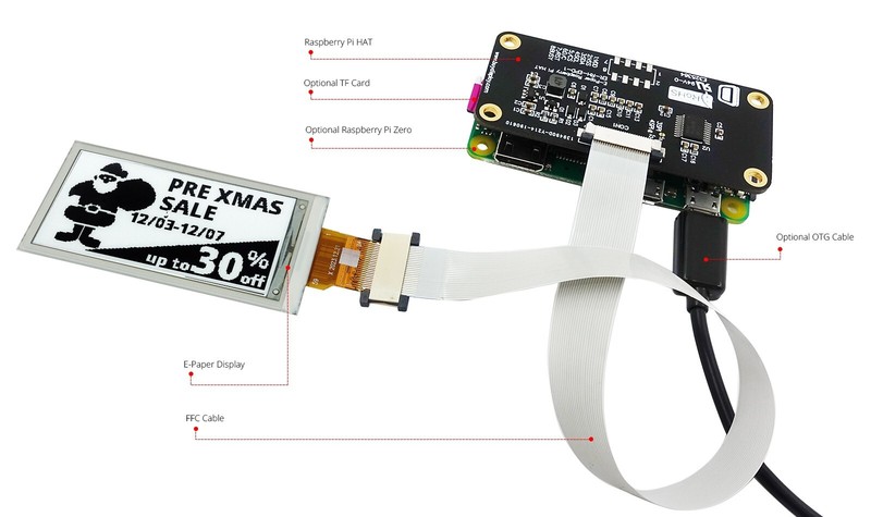 Black 2.13 inch e-Ink Display w/Raspberry Pi HAT,e-Paper 122x250 IoT