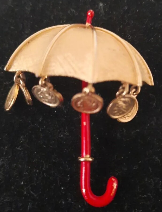 Vintage Lisner Red Gold Tone Umbrella Brooch with Dangling Coins 2 Inches