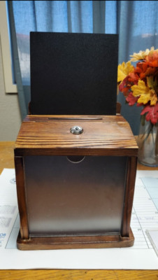 Rustic-Brown Wooden Donation Box with Locking Lid, chalkboard & photo holder 