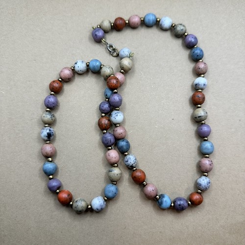 HAND STRUNG 2-NECKLACES 14" & 9" drop COLORFUL STONE BEADS gold beads between