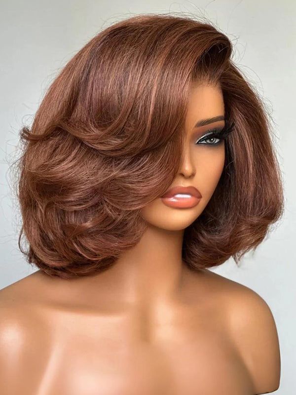 ルネ‼️ Short Auburn Brown Bob Wavy Human Hair Lace Front Wigs 200