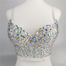 Women AB Colored Rhinestone Bustier Crop Top Strap Push Up Corset