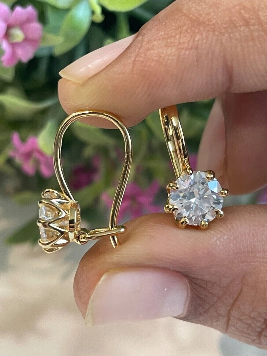 Fill Simple drop Hoop Earrings 3ct Round Real Moissanite 14K Yellow Gold  Plated