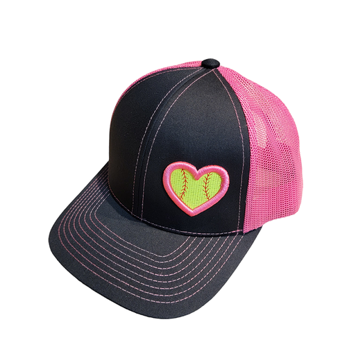 Women's Softball Logo Pink Heart Love Hat Cap Mesh Trucker Snapback Embroidered