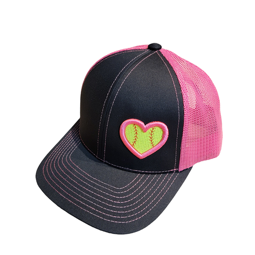 Women's Softball Logo Pink Heart Love Hat Cap Mesh Trucker Snapback Embroidered - Afbeelding 1 van 1