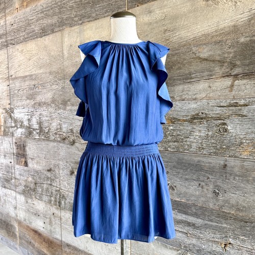 NWT Ramy Brook Rembi Mini Dress S Navy Smock Blouson Ruffle Sleeve Goddess Flirt