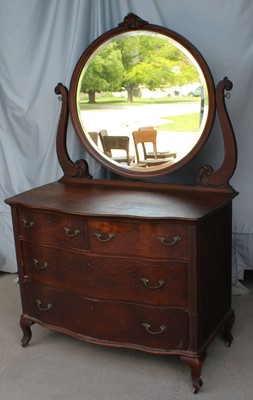 Antique Oak Serpentine Front Dresser Large Oval Beveled Mirror