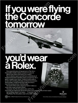 1960s Rolex GMT Master watch Concorde plane flying photo vtg ad NEW poster 18x24