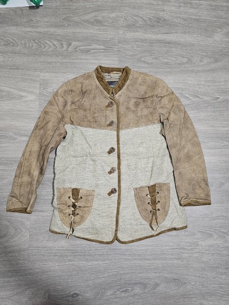 Vintage Trachten suede and linen jacket lace up pockets octoberfest beige M size
