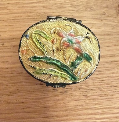 Vintage Chinese Export Enamel Pill Box Lily Floral Champlevé Turquoise Interior