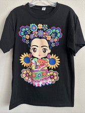 Camiseta Frida Kahlo Animada Dibujos Animados Neón Flores Mono Algodón Negro Talla Mediana