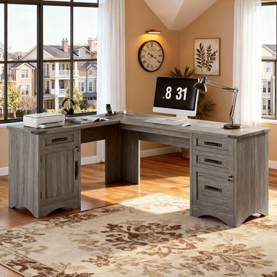 67'' Farmhouse L Shaped Standing Desk with Drawers Home Office Executive Desks wi