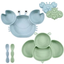Platos Con Cucharas De Silicona 2 Set Para Bebes Comida 6 Meses Forma Cangrejo