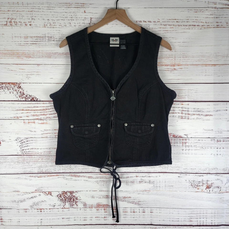 Harley Davidson Black Denim Vest Women’s XL Lace Up Rhinestone Logo Biker Y2K - Image 2 of 4