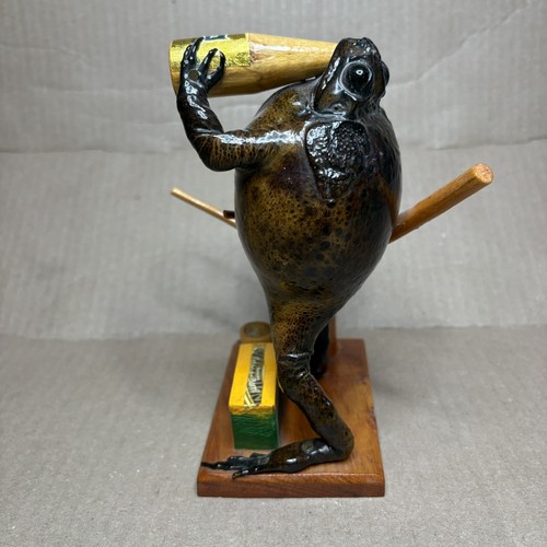 Folk Art Handmade Drinking Corona Taxidermy Frogs Pen Holder WOW