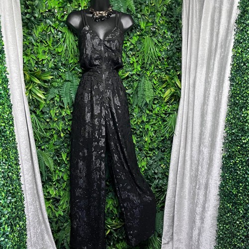 BCBGeneration Jumpsuit Size 2 Black Metallic Jacquard Wide Leg Sheer Legs 3594 - Picture 3 of 10