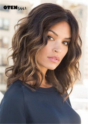 #ad Balayage Hair Cut Medium Bob Wavy Brown Highlight Mix Synthetic Hair Women Wig $24.19