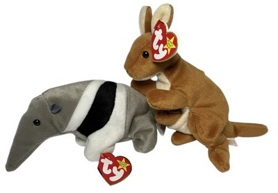 Lot Of 2 TY Beanie Babies Mammals ANTS Anteater & POUCH Style 4161 Kangaroo