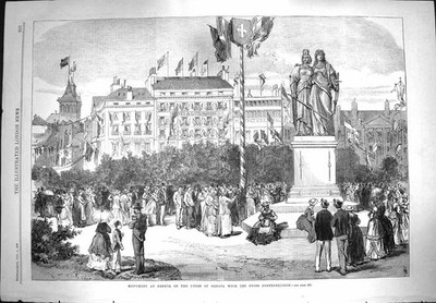Antiker alter Druck *3278 1869 Denkmal Genfer Union Schweizerische Eidgenossenschaft Statue