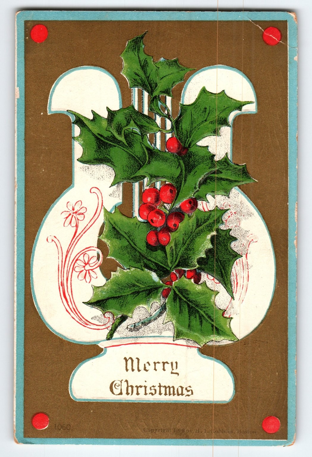 Vintage 1917 Embossed Christmas Postcard with Holly and Berries