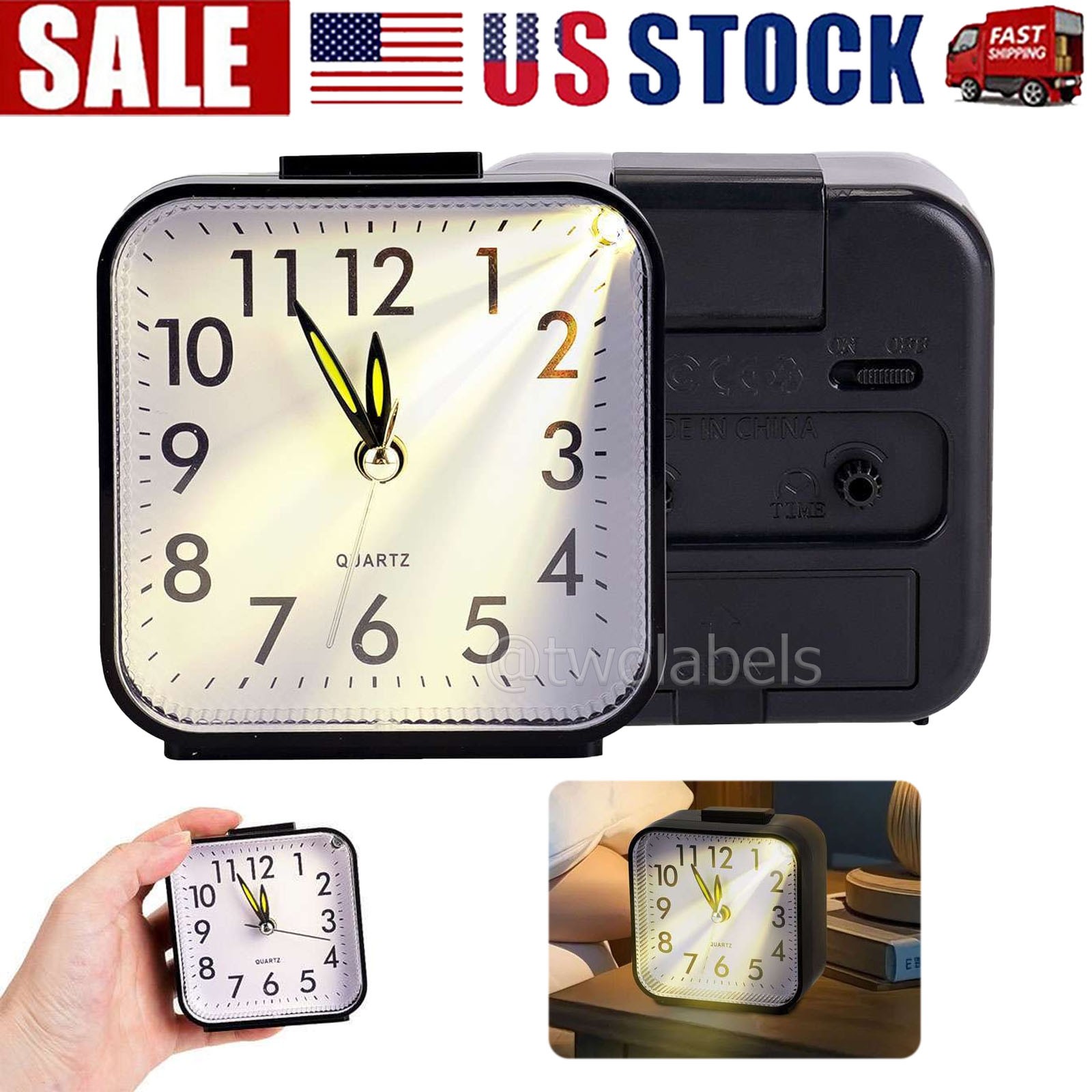Small Travel Alarm Clock Analog Battery Operated Silent With Light No Ticking