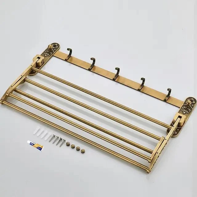 Aluminum Foldable Antique Brass Bath Towel Rack Active Bathroom Towel Holder Dou - Image 4 of 4