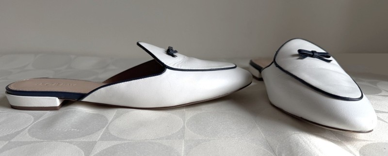 J. Crew White Leather Piped Navy Leather Loafer Mules Slip On Flats H8158 sz 9