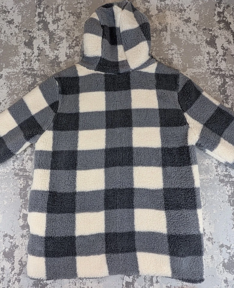 Timing Women's Large Cardigan Hoodie Sherpa Fleece Lined Gray White Checkerboard - Image 3 of 4