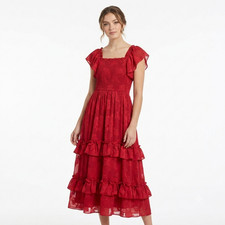 Rare Editions Girls Dress 7 Red Floral Jacquard Smocked Tiered Ruffle Chiffon NW