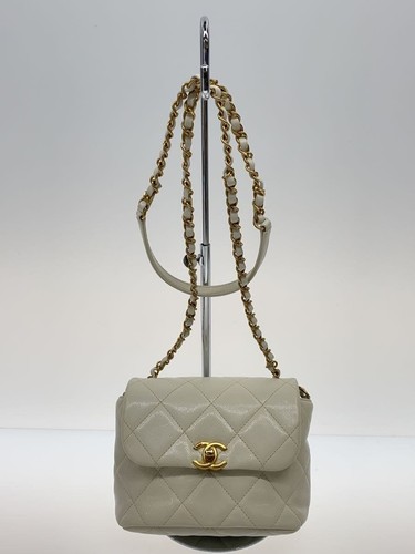 CHANEL Shoulder Bag Mini Flap Matrassé Leather White Yellowish Used