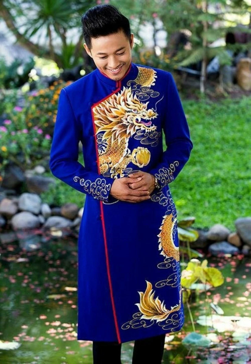 Blue Hand Painted Vietnamese Ao Dai for Men, Ao Dai Nam, Ao Dai Chu Re A17