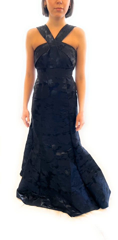 Aidan Mattox Halter Mermaid Silhouette Gown Dress Floral Midnight Blue NWT SZ 2 - Image 2 of 4
