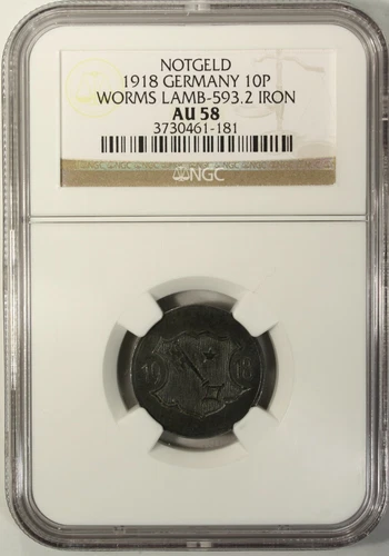 Germany 10 Pfennig 1918 NGC AU 58  Iron Worms Lamb-593.2 Notgeld