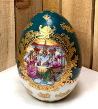 Green and Gold Egg Victorian Scene Fine Porcelain Vintage 4 1/2" Tall No Cracks