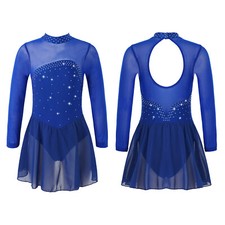 Girls Figure Ice Skating Dress Shiny Rhinestone Mesh Ballet Leotard Dancewear