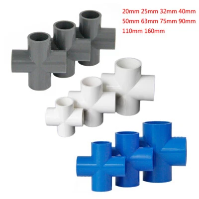 PVC 4-Way Equal Water Supply Pipe Fittings Adapter Connector Joint ID 20mm-160mm