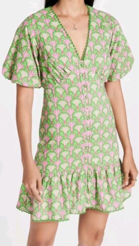 Never Fully Dressed Puff Sleeve Green Pink Print Dress Size US 4 Cottage Core
