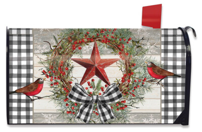 Berry Wreath Barnstar Winter Magnetic Mailbox Cover Birds Checkered Standard