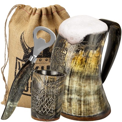 Ox Horn Mug, Shot Glass, and Bottle Opener (3 Pc. Set) Authentic 16-oz. Ale, ...