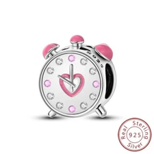 MULA 925 Sterling Silver AAA CZ Charm Pink Enamel Alarm Clock For Women Bracelet