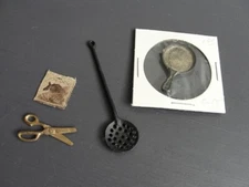 Doll House Miniatures Skillet, Strainer Spoon, Metal Scissors, Leather Square