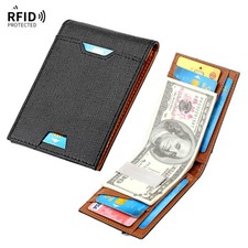 Men Ultra Slim Genuine Leather Money Clip Wallet RFID Blocking Credit Card Purse