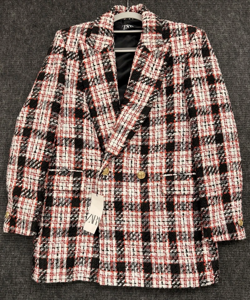 Blazer ZARA Elegante Tweed Cuadros Doble Pecho Nuevo con Etiquetas Talla: S Botones Dorados Foto 4 de 4