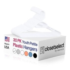 30 Pk Youth Petite Plastic Hangers for Children Clothes Sizes 8 to 12, White