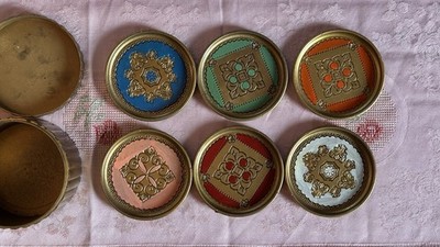 Vintage Hand Painted Wooden Coasters   Italian Florentine Style   Set of 6