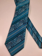 Barry Wang Men’s Silk Necktie Blue Teal Paisley Striped Luxury Dress Tie