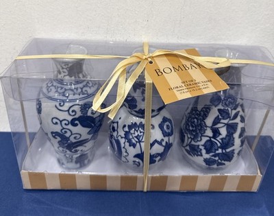 Bombay Company Blue & White Floral Ceramic Vases Set of 3 Willow Style Decor NIB